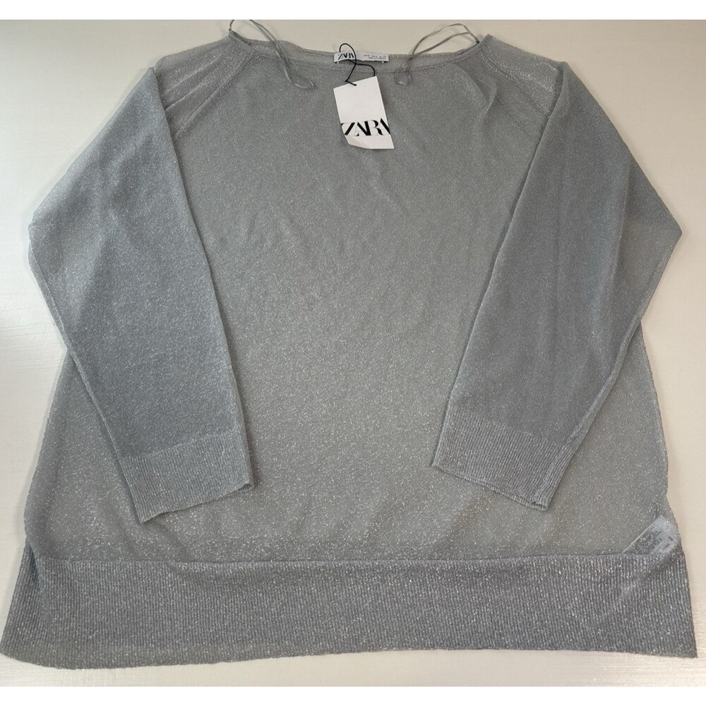 Zara Oversized Long Sleeve Sheer Blouse Women's Light Gray Size Medium